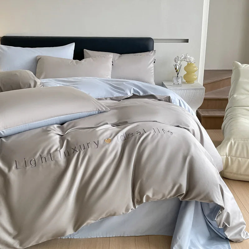 DecorBites™ 120S Long Staple Cotton Satin Embroidery Bedding Set - Solid Color Twin Full Double Comforter