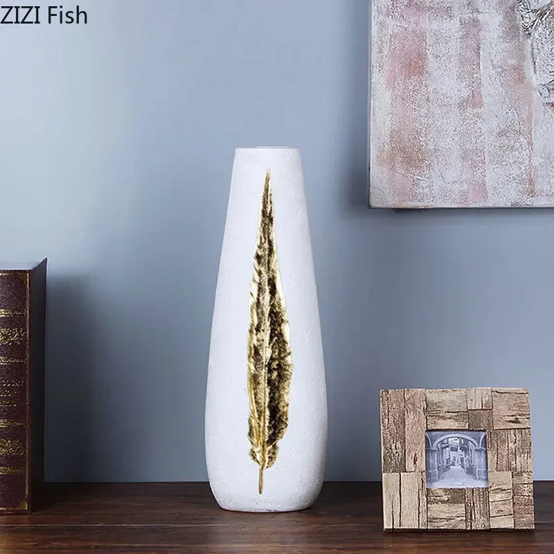 DecorBites™ Gold Feather Vase & Artificial Flowers Set - Modern Home Decor