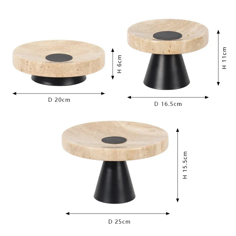 DecorBites™ Beige Travertine Marble Tray on Metal Base - Vintage Round Serving Stand