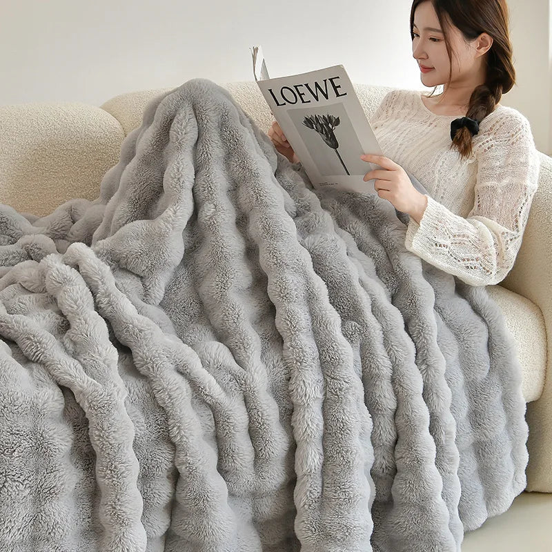 Decobites Rabbit Faux Fur Plush Blanket | Double-Sided Winter Sofa Cover & Bed Throw