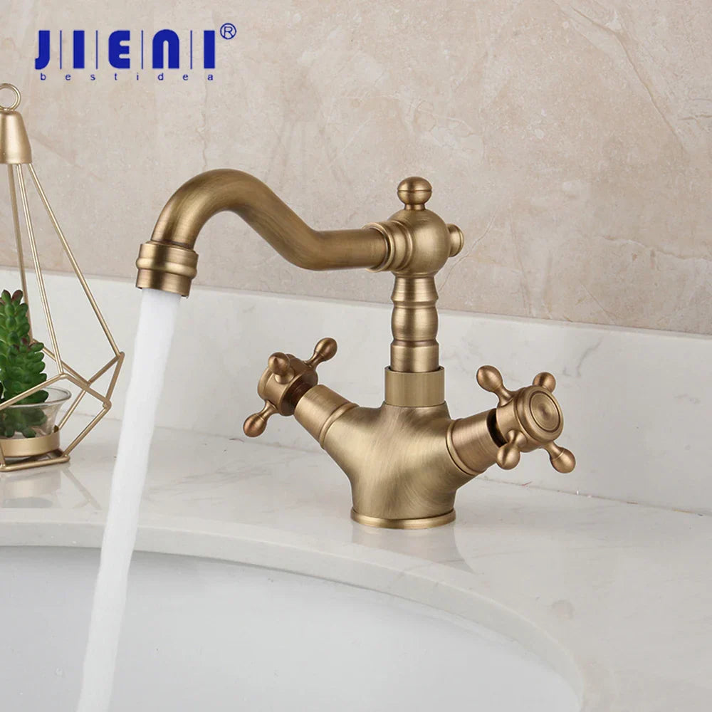 DecorBites™ Antique Brass Kitchen Bathroom Faucet Swivel Mixer Tap Dual Handles Deck Mount