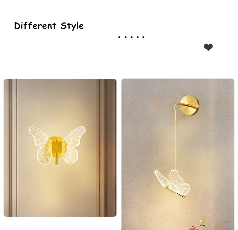 Art deco gold-toned butterfly-shaped wall lamp with translucent wings and crystal details designed for bedroom bedside use.