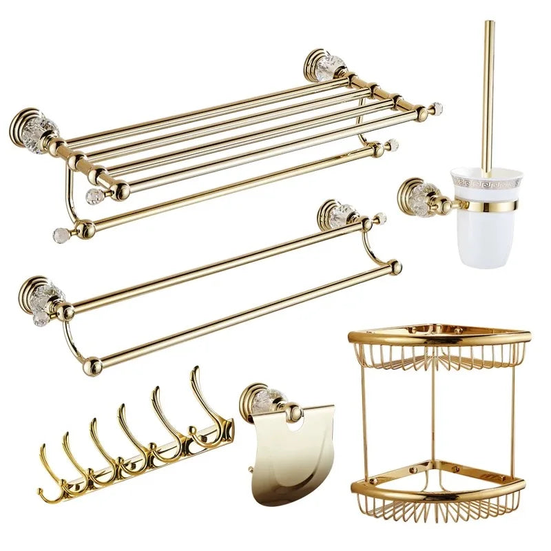 DecorBites™ Brass and Crystal Bathroom Accessories Set: Shelf, Robe Hook, Paper Holder, Brush Holder