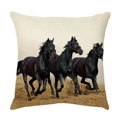 Funda de almohada DecorBites™ con estampado de caballo al galope: Funda de cojín de lino con estampado de caballo salvaje para decoración del hogar.