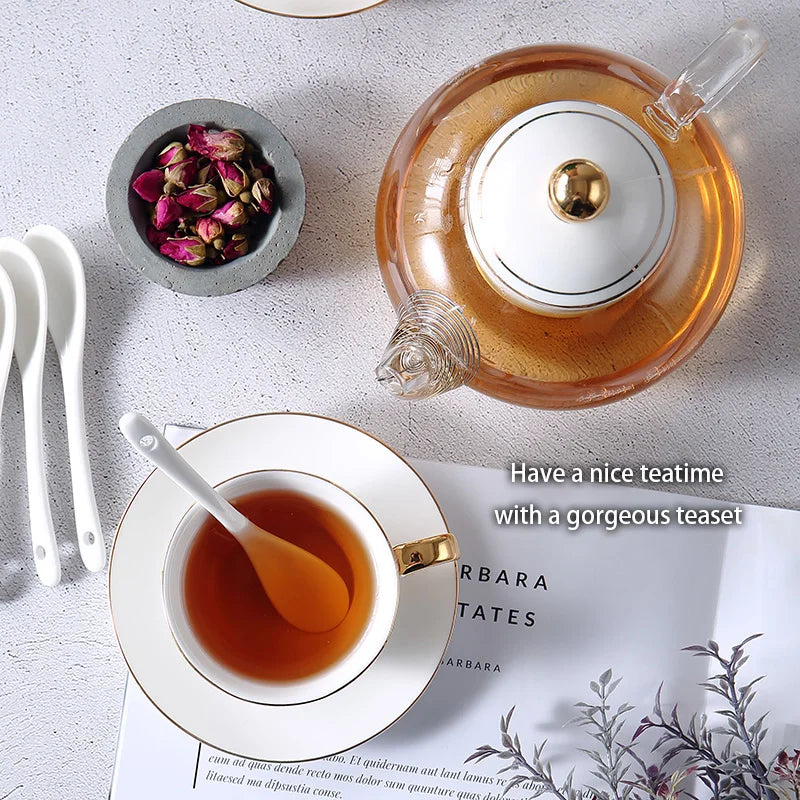 DecorBites™ Gold White Ceramic Tea Set with Glass Teapot - Elegant Teaware Collection
