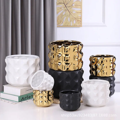 DecorBites™ Gold Ceramic Flower Pot Geometry Vase for Succulents and Floral Arrangements