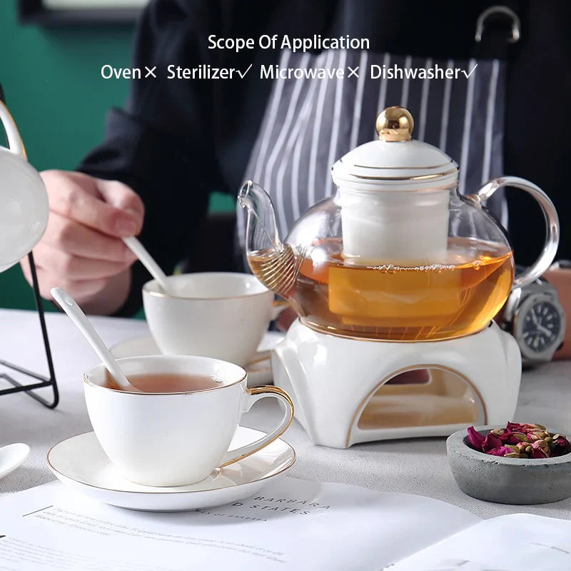 DecorBites™ Gold White Ceramic Tea Set with Glass Teapot - Elegant Teaware Collection