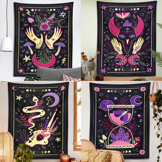 Decobites Tarot Mushroom Tapestry: Witch Hand Snake Moon Phase Botanical Moon Phase Mystery