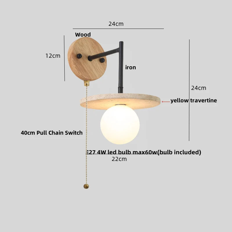 DecorBites™ Japanese LED Wall Lamp, Pull Chain Switch, Yellow Travertine Glass, White Shade