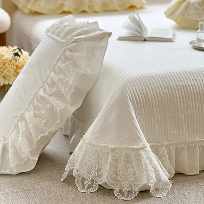 Decobites Lace Ruffles Bedding Set in Pearl White Cream Yellow Princess Cotton