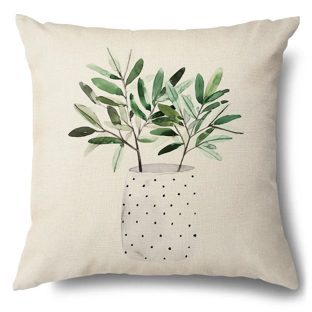 Funda de cojín decorativa DecorBites™ con diseño de hojas verdes - Funda de cojín para sofá de estilo sencillo en algodón y lino