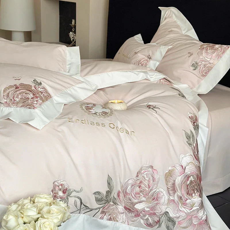 Decobites 4-Piece Pink Purple Flowers Embroidery Bedding Set in 1000TC Egyptian Cotton