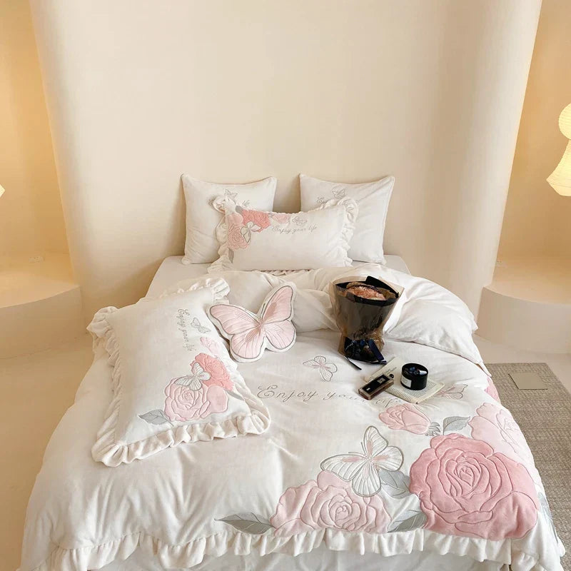 DecorBites™ Lace Ruffles Princess Duvet Set, Butterfly Flowers Embroidery, Cozy Bedding with Bed Sheet & Pillowcases