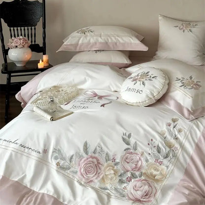 Decobites Peony Flowers Embroidery Princess 1000TC Egyptian Cotton Bedding Set 4Pcs