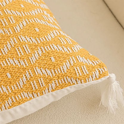 Funda de cojín DecorBites™ geométrica con mechones y borlas de ganchillo - Funda de almohada nórdica a rayas amarillas