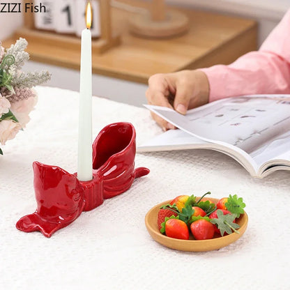 DecorBites™ Bowknot Ceramic Candle Holder Desk Decoration Romantic Candlestick Aesthetic Decor