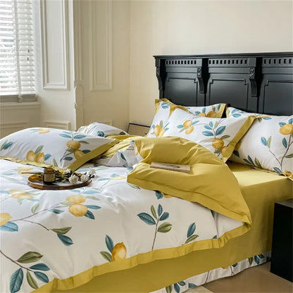 Decobites Yellow Lemon Fruit Satin Egyptian Cotton Duvet Cover Set - Queen King Size