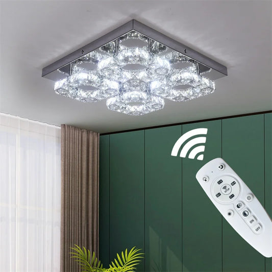 DecorBites™ Crystal LED Ceiling Light: Modern Square K9 Chandeliers, Dimmable Stainless Steel Fixture.