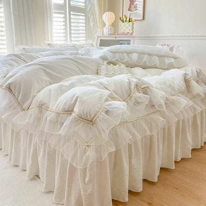 Decobites Seersucker Princess Bedding Set with Lace Ruffles - 4Pcs