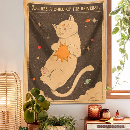 Decobites Sun Moon Tarot Cat Tapestry Wall Hanging for Boho Hippie Home Decor