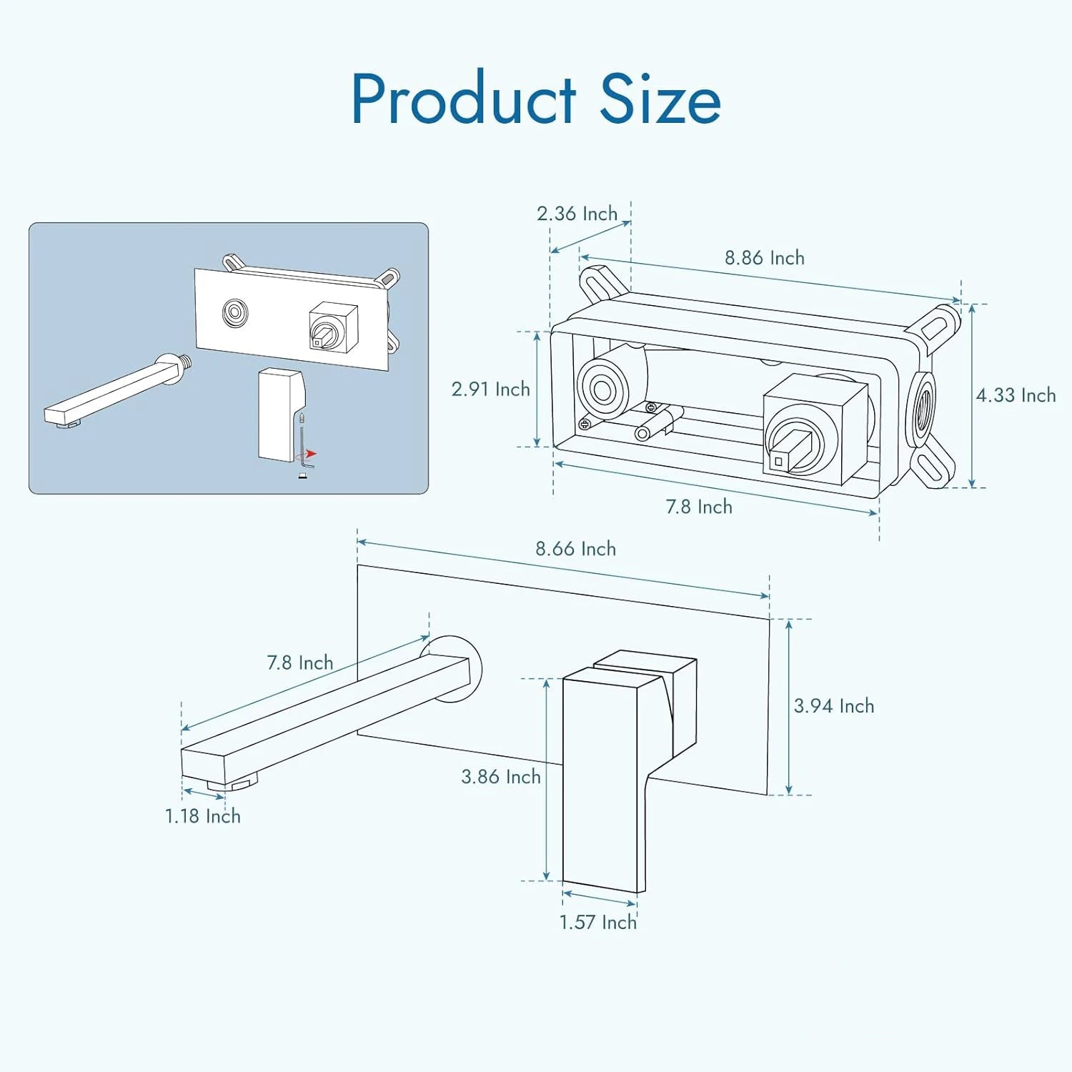 Modern wall-mounted bathroom faucet with a brushed nickel rectangular spout and integrated handle featuring a high-quality ceramic valve core and black surface finish.