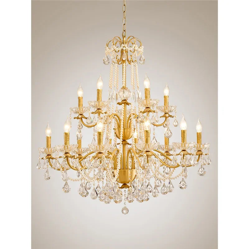 DecorBites™ Gold Brass Crystal Chandelier for Living Dining Bedroom, Retro Candle Lights Pendant Lamps