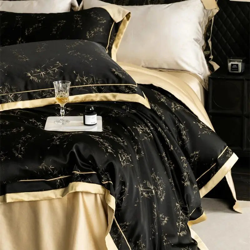 Decobites Luxe Eucalyptus Bedding Set in Black/Gold - Silky Soft & Skin-friendly