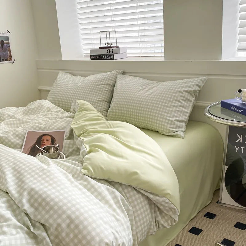 DecorBites™ Japanese Grid Printed Cotton Bedding Set in Queen/King for Cozy Sleep