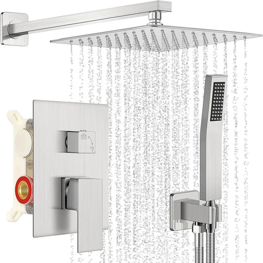 DecorBites™ Brushed Nickel Rainfall Shower Faucet Set Wall Mounted Control Valve