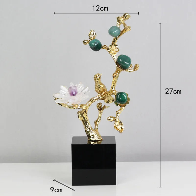 DecorBites™ Golden Tree Crystal Flower Brass Amethyst Decor with Golden Bird Figurines