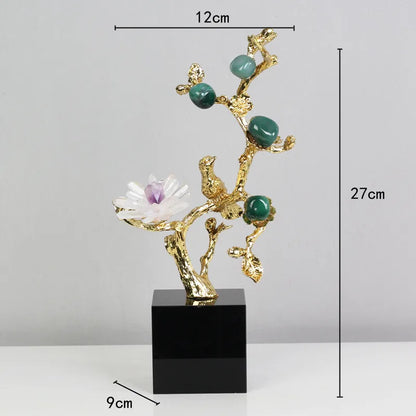 DecorBites™ Golden Tree Crystal Flower Brass Amethyst Decor with Golden Bird Figurines