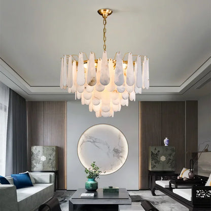 Lámpara Colgante de Mármol Francés Moderno en Cobre E14 LED Forma de Gota de Agua Candelabro para Sala de Estar Comedor Dormitorio Decoración del Hogar Luces