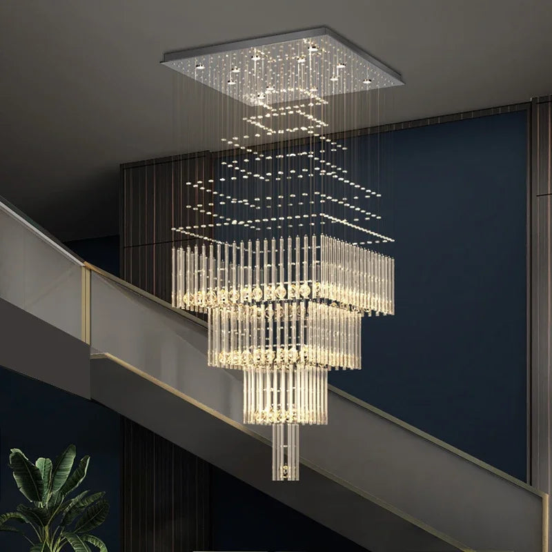 DecorBites™ Crystal Ceiling Chandelier: Modern Columnar Square Base Hanging Lamp for Living Room & Staircase