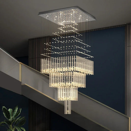 DecorBites™ Crystal Ceiling Chandelier: Modern Columnar Square Base Hanging Lamp for Living Room & Staircase