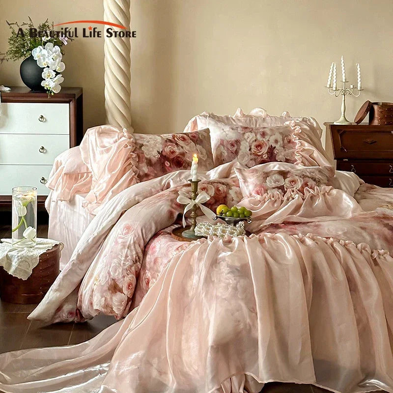 Decobites Vintage Rose Organza Lace Ruffles Bedding Set with Soft Lyocell Cotton Duvet Cover