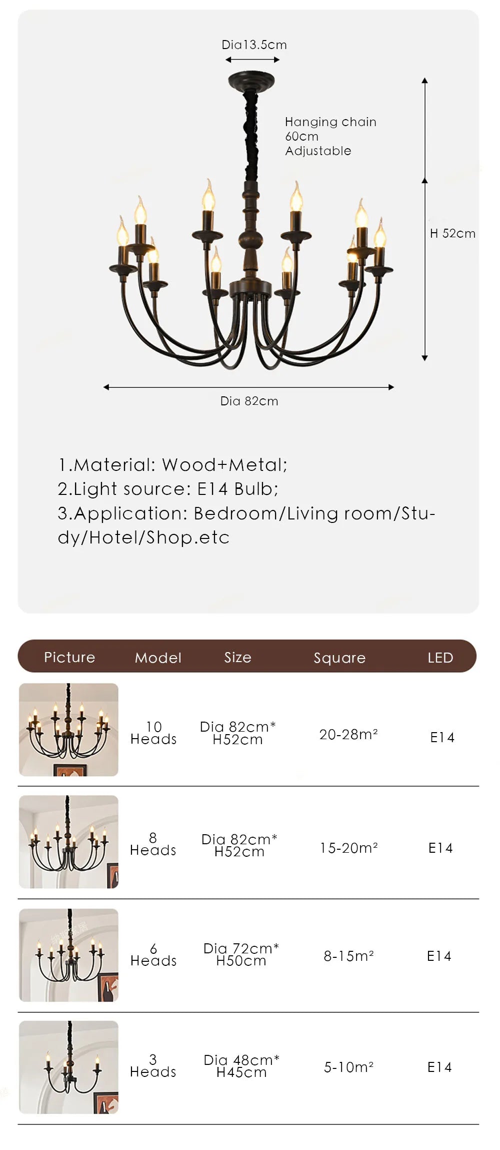 DecorBites™ Black Metal Chandelier 8 Heads Pendant Lights for Home Decor