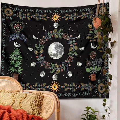 Decobites Celestial Moon Phase Floral Tapestry Wall Hanging