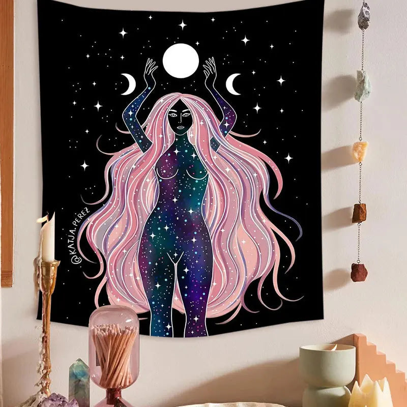 Moon Phase Rainbow Girl Tapestry for Decobites Home Decor