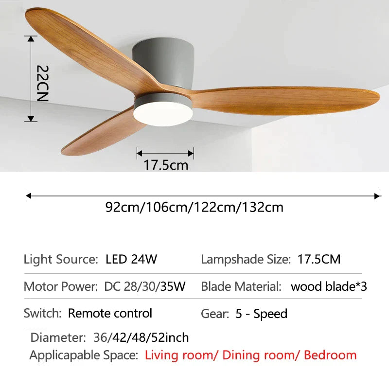 Decorbites™ Ventilador de Techo para Techos Bajos con Motor DC de 3 Aspas y 35W, Luz Tricolor de 24W y Control Remoto