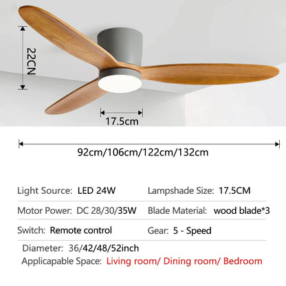 Decorbites™ Ventilador de Techo para Techos Bajos con Motor DC de 3 Aspas y 35W, Luz Tricolor de 24W y Control Remoto