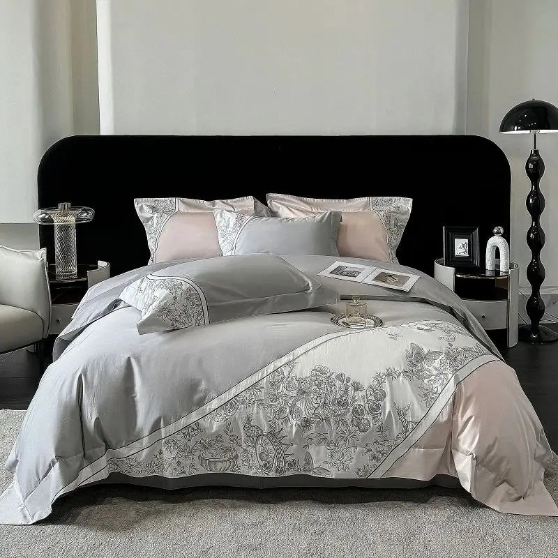 Juego de cama DecorBites™ Luxe con bordado de mariposas y flores, incluye funda nórdica, sábana y fundas de almohada (4 piezas).