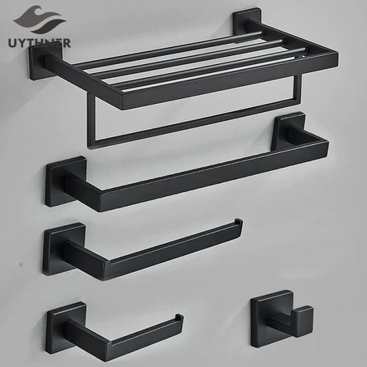 DecorBites™ Black Bathroom Accessories Set: Robe Hook, Towel Rail, Shelf, Tissue Holder