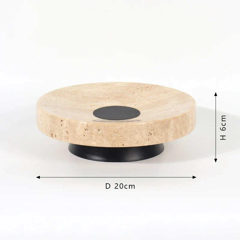 DecorBites™ Beige Travertine Marble Tray on Metal Base - Vintage Round Serving Stand