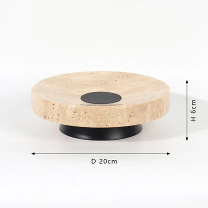 DecorBites™ Beige Travertine Marble Tray on Metal Base - Vintage Round Serving Stand