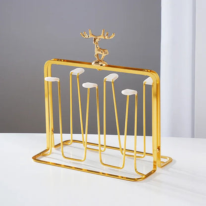 DecorBites™ Glass Storage Rack: European Metal Cup Holder with Christmas Reindeer Decor