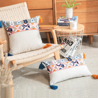 DecorBites™ Embroidered Blue Tufted Boho Pillow Cover with Tassel, Lumbar Decorative Cushion