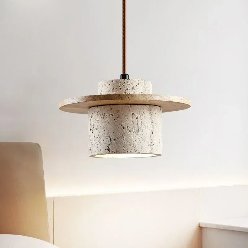 Modern Travertine Stone Pendant Light With Walnut Accent