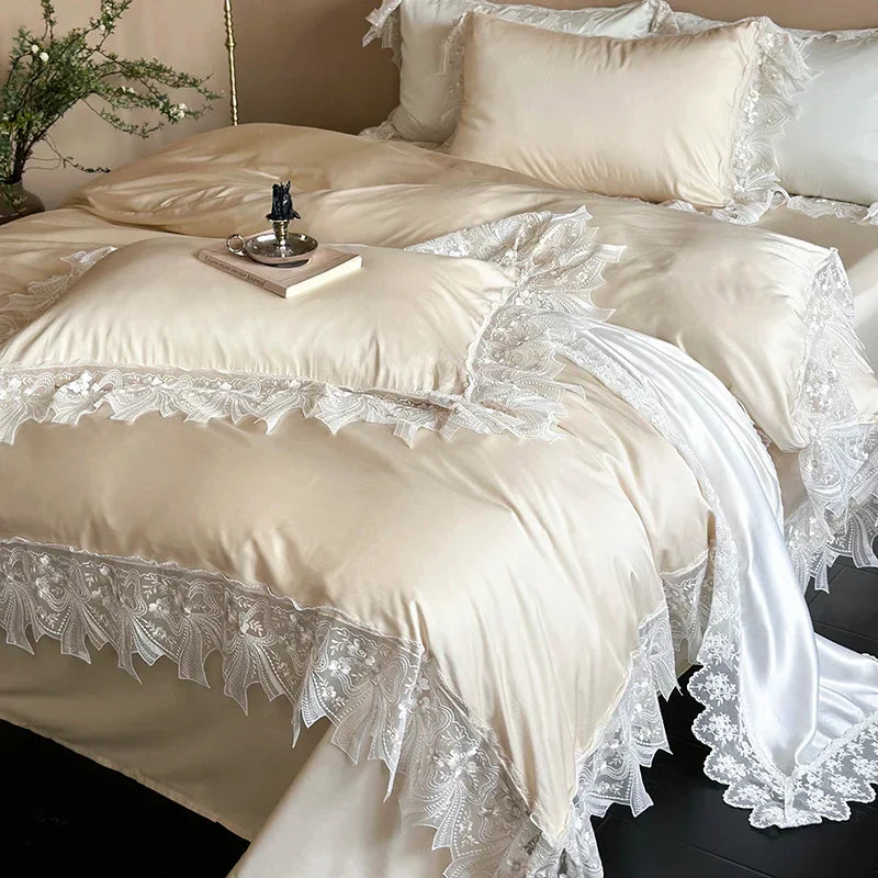 Decobites Romantic Lace Ruffles Bedding Set in Lyocell Cotton, Silky Duvet Cover, Bed Sheet, Pillowcases