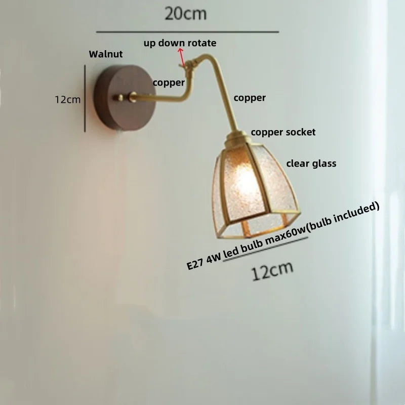 DecorBites™ Clear Glass LED Wall Sconce Pull Chain Switch Rotate Arm Walnut Wood Stair Light