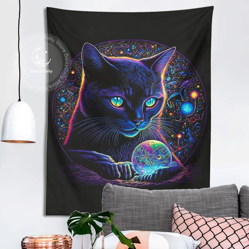 Decobites Black Cat Tapestry: Trippy Magic Crystal Ball Wall Art for Boho Home Decor